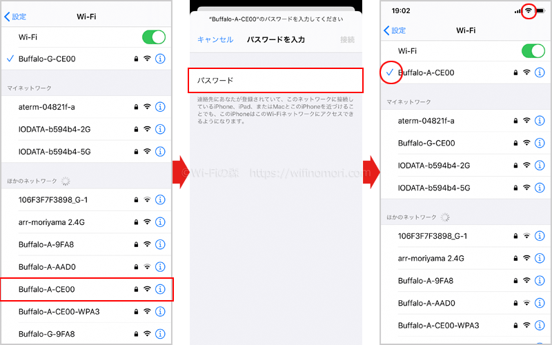 Wi-Fiの設定画面から、該当するSSIDを選択。パスワードを入力して接続をタップ。SSIDの左側にチェックマーク及び画面上部にWi-Fiのアイコンが表示される。